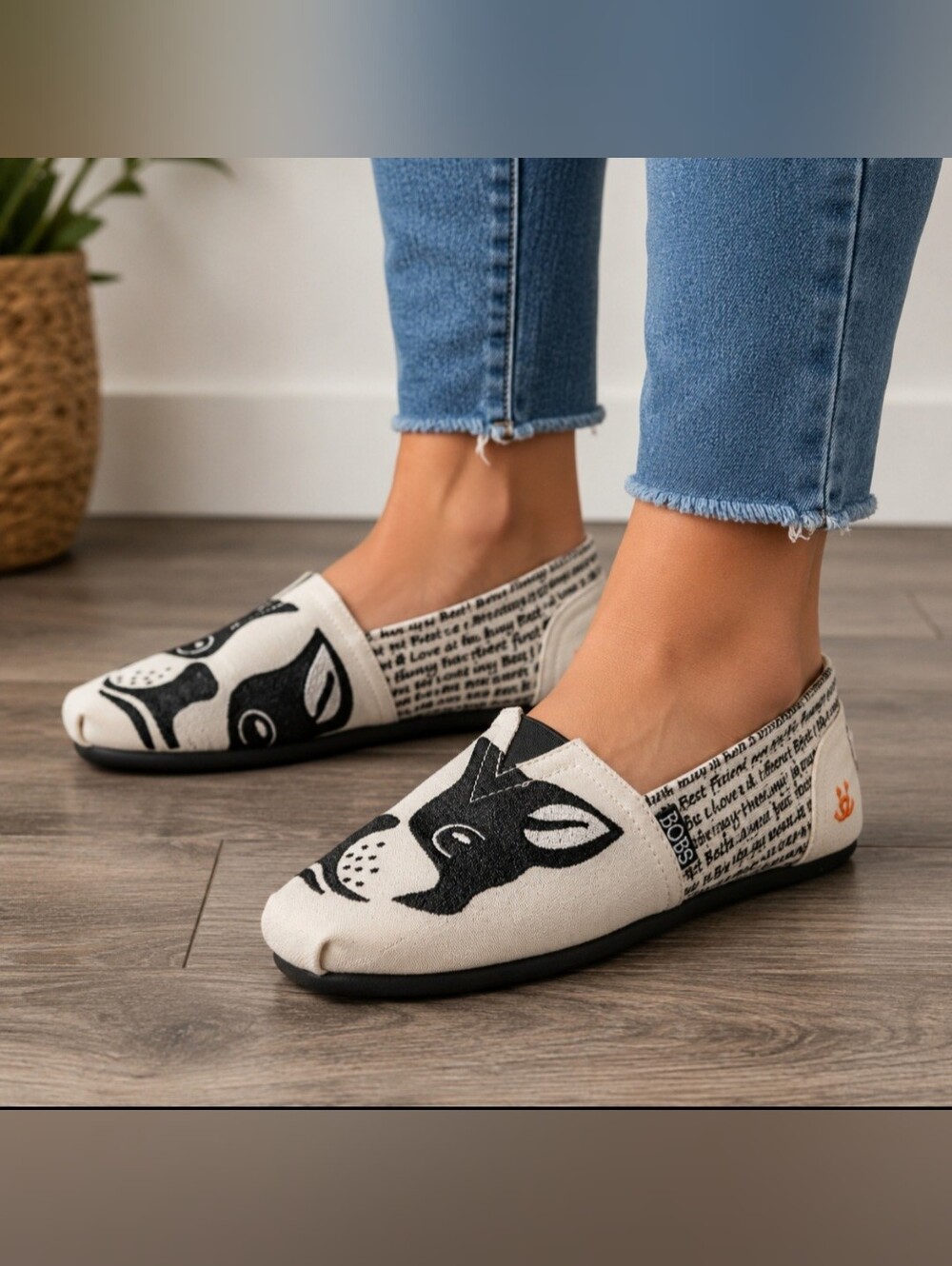 Skechers Bob's For Dogs White Slip-On Flats Embroidered Black Dog Face Print